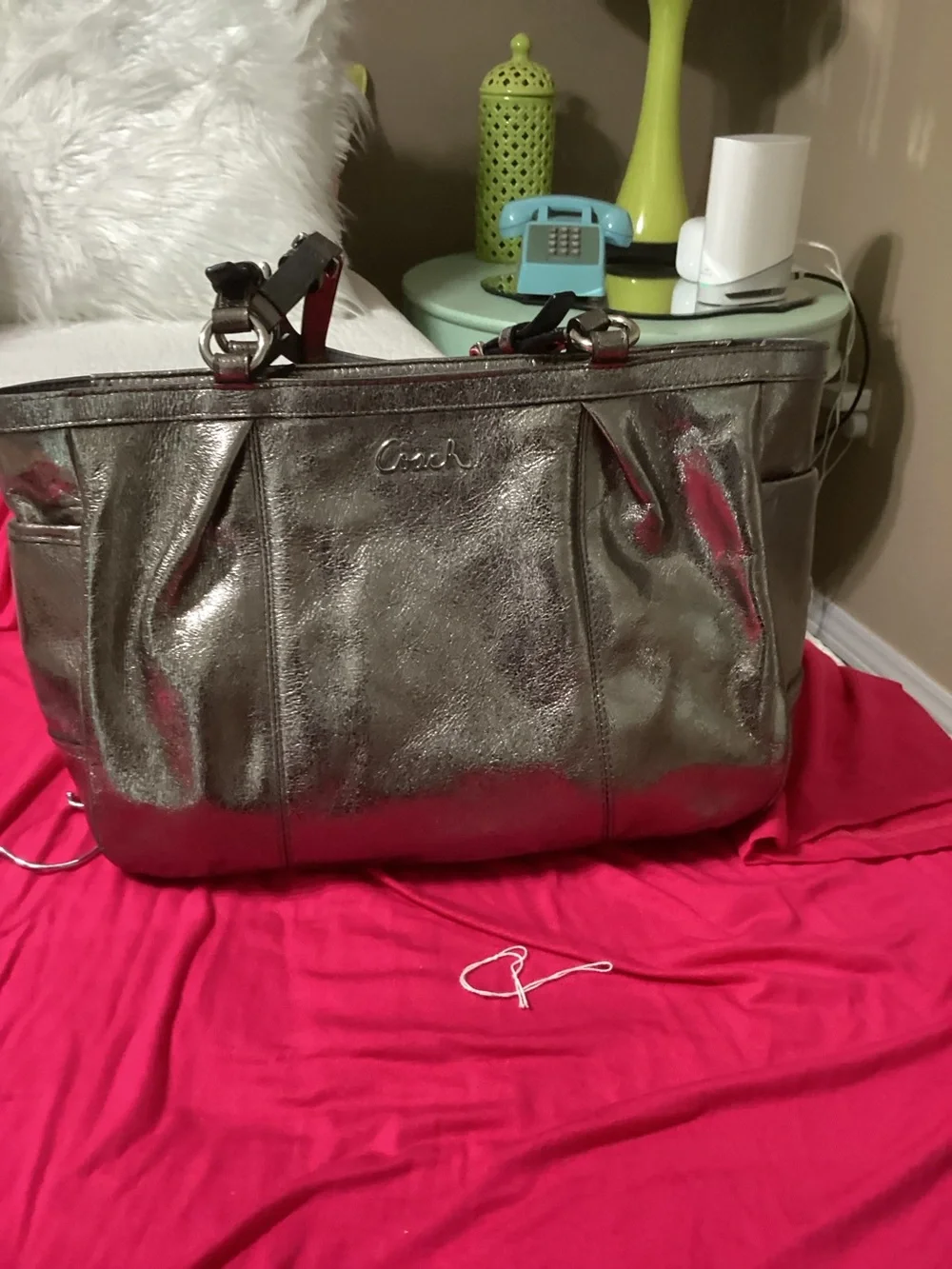 Coach Metallic Pewter Leather Tote with Dark Handles